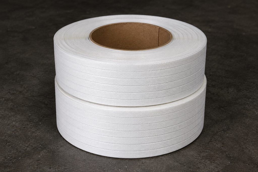 White Fully Automatic PP strapping rolls for carton packing and pallet packaging – embossed pp strap roll manufacturer in Ghaziabad